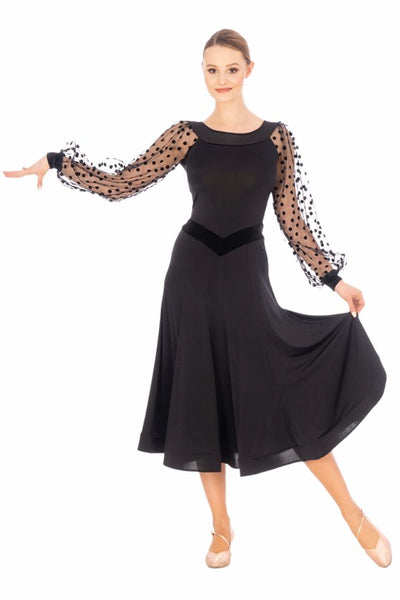 FREE AUSTRALIA-WIDE SHIPPING 2-3 weeks.  Best price worldwide 2-4 weeks.  A bold and proud feminine statement.  Fabulous dress cut in our soft silk jersey, with velvet neckline and waist part. Long puff sleeves in exclusive tulle with pretty velvet spots, ending in velvet cuffs. Skirt hem with crinoline for that extra swing.  
