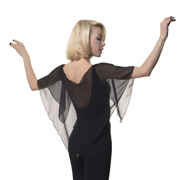 Free Australia-wide Shipping.  Best price worldwide.  Gorgeous sleeveless bodysuit with low back and lovely floating overlay for tonnes of elegance and movement.  Snap closure at the base for convenience.   Cool and comfortable stretch fabric. Made in Italy.  Perfect for lessons, practice and special occasions.