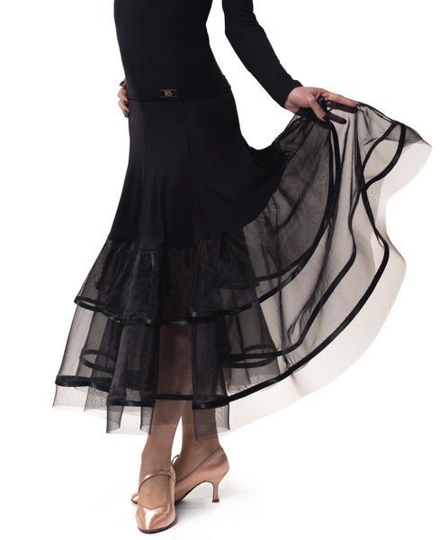 rs atelier black ballroom skirt with sheer mesh panels from dancewear for you australia