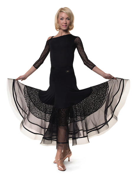 rs atelier black ballroom skirt with animal print and sheer mesh panels from dancewear for you australia