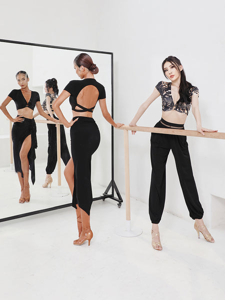 SALE ZYM Ondine Crop Top #2155 in Black | Cap Sleeve Crop Top with V Neckline and Open Back for All Dance Styles, Daywear, Clubbing & Parties