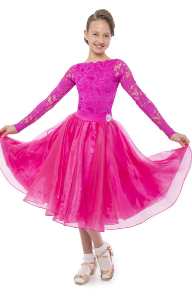 girls juvenile ballroom competition dress with long sleeve lace leotard and skirt with organza and satin with crinoline hem from dancewear for you
