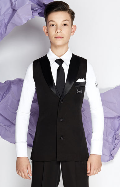 FREE Australia-wide shipping!  Best price worldwide.  Boys ballroom longline waistcoat, satin buttons in front, simple satin lapels, and 2x slit at sides. Fully lined.  Perfect for Dancesport or shows.