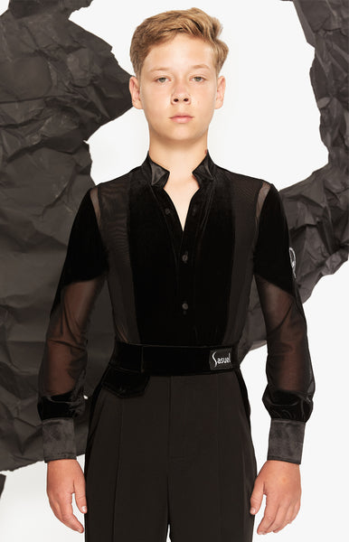 FREE Australia-wide shipping!  Best price worldwide.  Ask about our price-matching policy.  Junior latin body/shirt with velvet, stretch net, and satin inserts. Tuxedo style satin collar, satin cuffs and satin buttons in front.  Hook and eye closure at the crotch.  Perfect for DanceSport competition