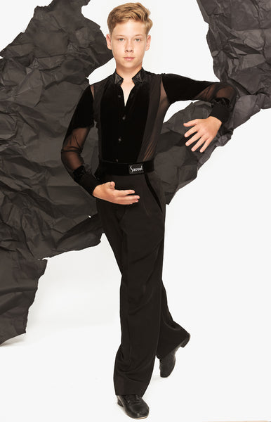 FREE Australia-wide shipping!  Best price worldwide.  Ask about our price-matching policy.  Junior latin body/shirt with velvet, stretch net, and satin inserts. Tuxedo style satin collar, satin cuffs and satin buttons in front.  Hook and eye closure at the crotch.  Perfect for DanceSport competition