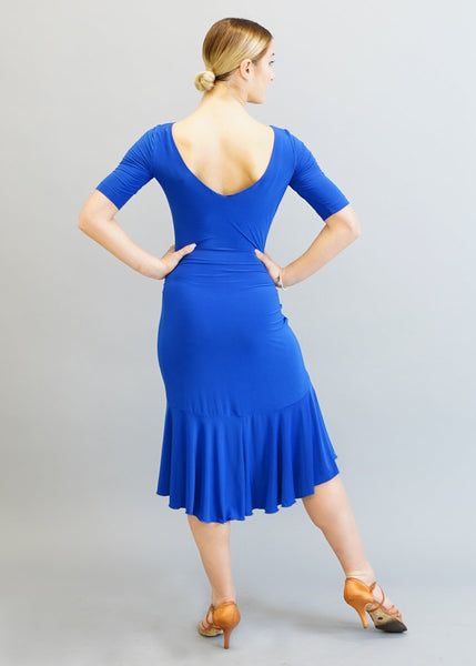 FREE Australia-wide Shipping.  Best price worldwide  Sophisticated and smart, Kaia is a great dress for practice!  Half sleeves, rounded boat neckline and a V-shaped back.  A cascading asymmetrical ruffle and plenty of movement in your skirt.  Built in shelf bra. Available in Black, Cobalt and Plum.  A stunning look for latin & tango, or even for a formal night out. 