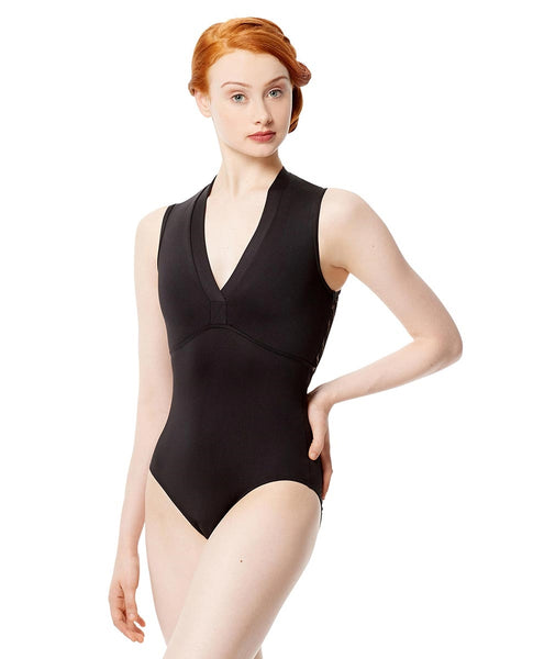 Mysterious and elegant - these are the right words to describe a mock neck tank leotard Fernanda.  Features: • Deep V-shaped front with empire seam. • Beautiful Geo mesh covers the whole back. • High-quality Microfibre provides a perfect fit. • Ballet cut leg line. • Front lining.  Fabric:  Microfibre 92% Tactel 8% Spandex.  Free Australia-wide shipping.  Best price worldwide with tracking.