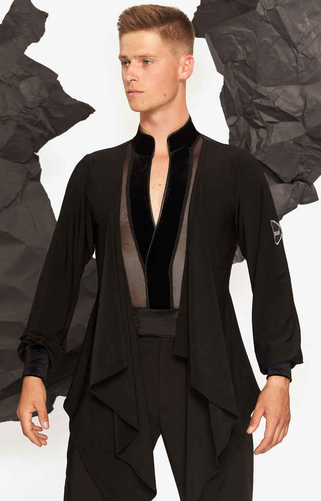 Free Australia-wide Shipping with tracking!  Best price worldwide.  Men’s latin shirt with a built in leotard, stretch net and velvet combination, open collar, with attached tunic style black crepe shirt.  Perfect for Competition & Shows.