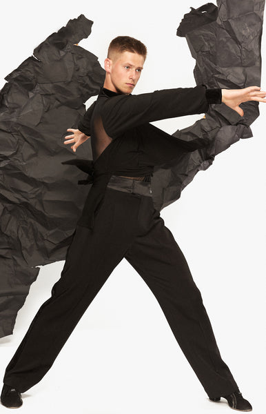 Free Australia-wide Shipping with tracking!  Best price worldwide.  Men’s latin shirt with a built in leotard, stretch net and velvet combination, open collar, with attached tunic style black crepe shirt.  Perfect for Competition & Shows.