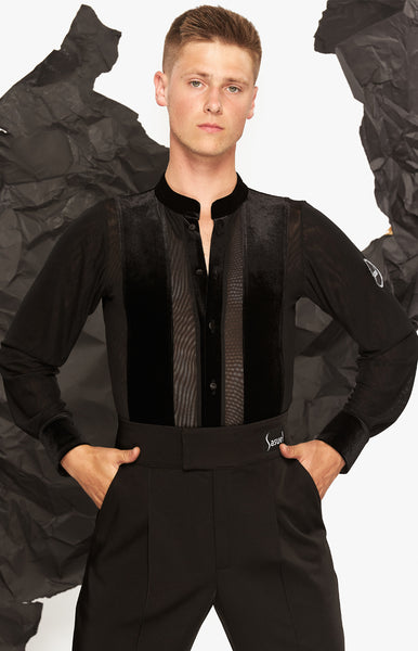 Free Australia-wide Shipping with tracking!  Best price worldwide.  Men’s latin competition shirt, built in underpants, double lined stretch net and velvet insertions, so there is no see-through part, classic cuffs and satin buttons.  This stunning collection of quality Dancewear is created in Romania by Sasuel and proudly presented at the best online prices from Dancewear For You.  Only the finest quality dance fabrics are used.