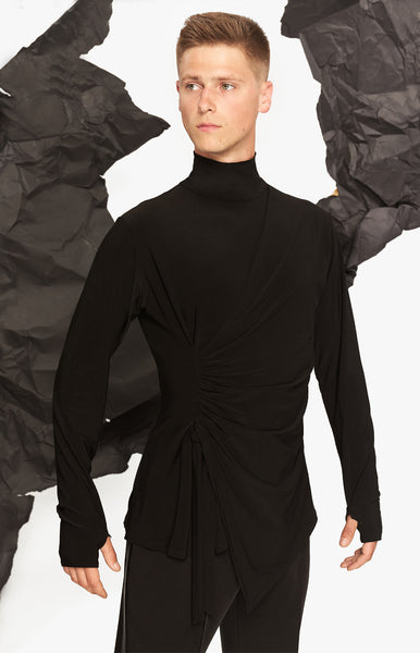 Free Australia-wide Shipping with tracking!  Best price worldwide.  Elegant yet sporty latin shirt with high neck and long sleeves, asymmetrical ruching on one side, half glove detailing, perfect for latin competitions, seminars practicing and shows. Strong look and feel from luxury crepe black fabric.