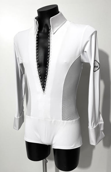 Free Australia-wide Express Shipping.  Best price worldwide.  Crispy white latin body/shirt, with spiderweb style seams on the back, lycra front and classic satin collar and cuffs.  Stretch net sides and built in underpants.  Elegant yet modern look for a dancesport competition & performance.