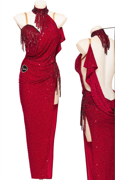 Free Australia-wide express shipping.  Best price worldwide.  Latin dress in Burgundy wine red luxury crepe fabric, fully decorated with Siam and Burgundy crystals, over 6000 pcs. all over the dress, draping and bracelets. High neckline, draping around waistline and an extra voile back detail for that extra movement. Built in cups and leotard.