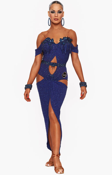 Free Australia-wide express shipping.  Best price worldwide.  Latin dress cut from luxury crepe fabric in sapphire blue, crystallized and beaded lace around chest, short decorative sleeves, figure hugging silhouette. Cutout around hips, and fully decorated belt with Sapphire and Sapphire Shimmer crystals. Accessories included.