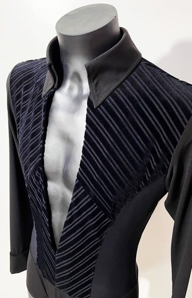 Free Australia-wide Express Shipping.  Best price worldwide.  Latin shirt with built in underpants, special velvet striped mesh insertions, and premium black crepe fabric. Open chest, classic collar and cuffs.