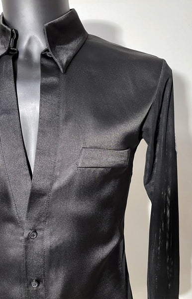 Sasuel Couture Latin Shirt in Black Satin & Stretch Net