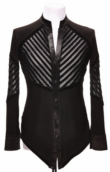 Free Australia-wide Shipping with tracking!  Best price worldwide.  Latin shirt with striped mesh insertions, back, front and arms, each stripe fully decorated with Jet black Swarovski crystals approx.  3200 pcs!  DanceSport ready - great for shows, competition & demonstrations.  Available on order - made to measure.