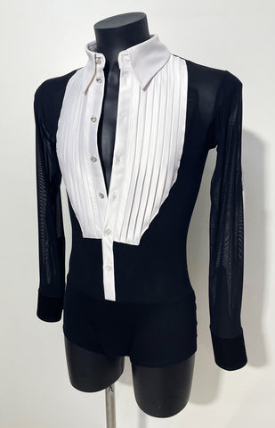 Free Australia-wide Express Shipping.  Best price worldwide.  Latin body/shirt in black and white combination, pleated white satin chest and collar, decorated with Clear Swarovski Buttons. The rest of the shirt is black stretch net, classic satin cuffs, built in underpants. Elegant and timeless on the dance floor.
