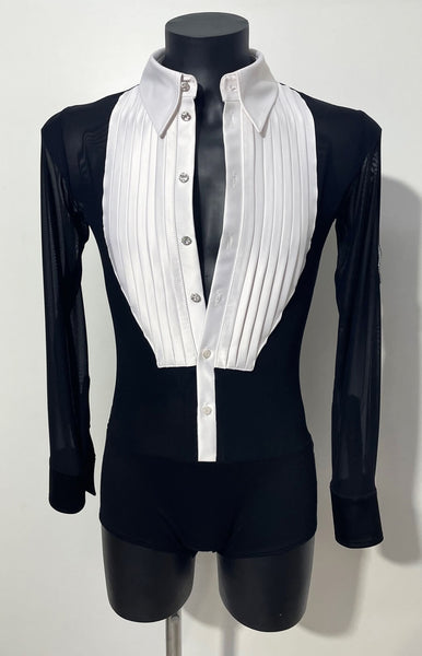 Free Australia-wide Express Shipping.  Best price worldwide.  Latin body/shirt in black and white combination, pleated white satin chest and collar, decorated with Clear Swarovski Buttons. The rest of the shirt is black stretch net, classic satin cuffs, built in underpants. Elegant and timeless on the dance floor.