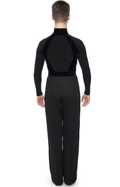 Free Australia-wide Shipping with tracking!  Best price worldwide.  Men’s latin body/shirt from black luxury crepe fabric with stretch velvet insertions. High neck, and hidden zipper on the back, built in boxers. Perfect for dancesport competition and shows.