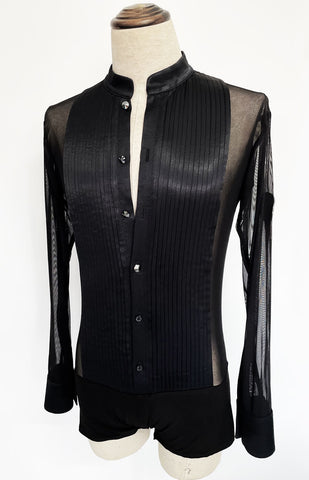 Free Australia-wide Shipping with tracking!  Best price worldwide.  Elegant latin pleated shirt with built in underpants, stretch net sheer sides, back and sleeves. Jet hematite Crystals buttons in front and cuffs.  Worn only 2x, perfect condition.