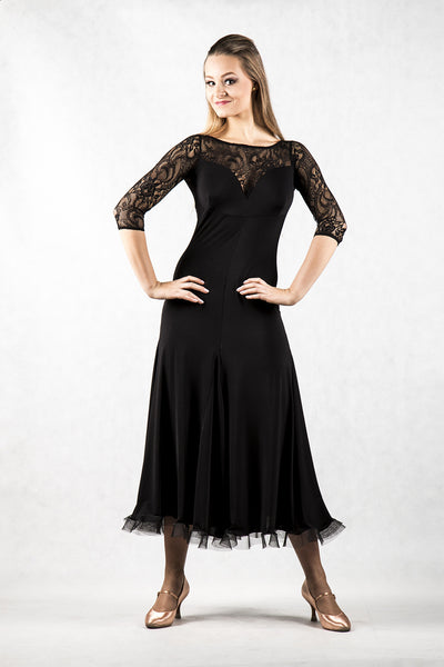 dancebox black ballroom dress with lace back and 3/4 lace sleeves from dancewear for you australia