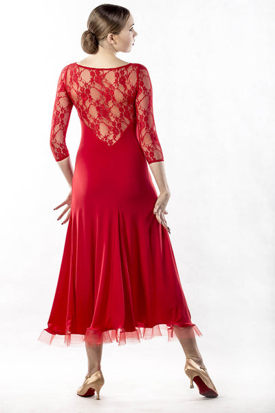 dancebox red ballroom dress with lace back and 3/4 lace sleeves from dancewear for you australia