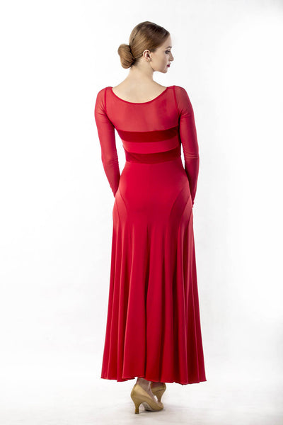 Dancebox RED Ballroom Dress with long mesh sleeves, velvet panels and mesh back from dancewear for you australia