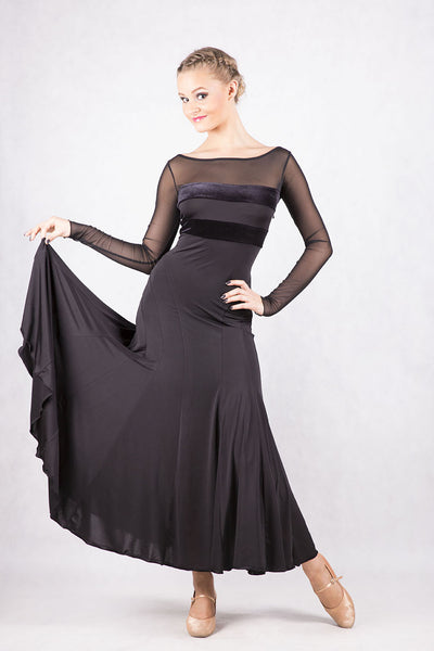 Dancebox Black Ballroom Dress with long mesh sleeves, velvet panels and mesh back from dancewear for you australia