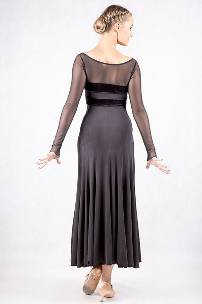 Dancebox Black Ballroom Dress with long mesh sleeves, velvet panels and mesh back from dancewear for you australia