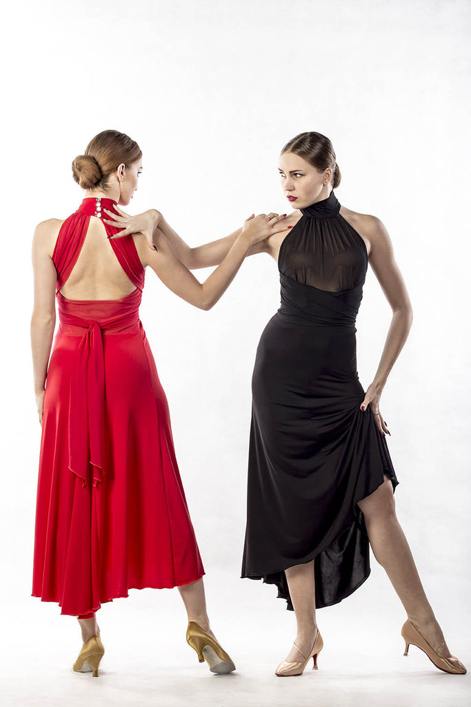 Dancebox Tango Dress in Red Sleeveless Ballroom Smooth, Tango Paso Doble Dress with Wrap Tie Waist Mermaid Hemline