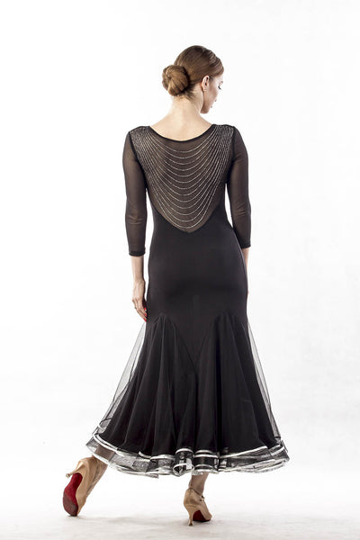 Dancebox Silver Waves Ballroom Dress in Black with stunning silver trim with long mesh sleeves and sheer mesh back design from dancewear for you australia