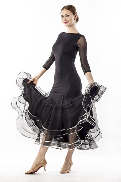 Dancebox Silver Waves Ballroom Dress in Black with stunning silver trim with long mesh sleeves and sheer mesh back design from dancewear for you australia