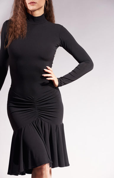 Free Australia-wide Shipping.  Best price worldwide  Elegant latin dress with long sleeves and high neckline, hidden zipper on the back, and full frill skirt. Front and back ruched detailing. Perfect for Latin practice, performance or competition. 