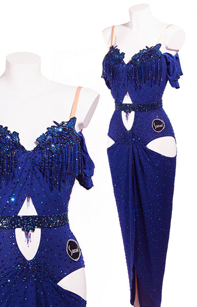Free Australia-wide express shipping.  Best price worldwide.  Latin dress cut from luxury crepe fabric in sapphire blue, crystallized and beaded lace around chest, short decorative sleeves, figure hugging silhouette. Cutout around hips, and fully decorated belt with Sapphire and Sapphire Shimmer crystals. Accessories included.
