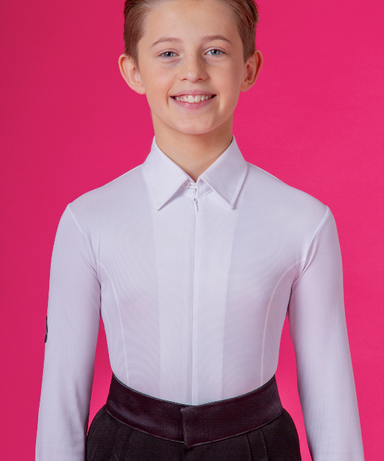 Boys White Crepe Competition Dance Shirt with Zip Front 3804