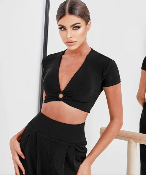 SALE ZYM Ondine Crop Top #2155 in Black | Cap Sleeve Crop Top with V Neckline and Open Back for All Dance Styles, Daywear, Clubbing & Parties