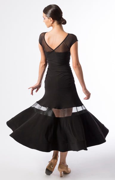 Ballroom practice dress with stretch net upper part, crinoline inserts and rouched detailing around sides with a 3/4 length skirt.  Perfect for ballroom practice, performance and DanceSport.  Made with luxury crepe from dancewear for you and sasuel design