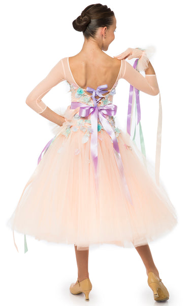 Ballroom dress in full tulle/net skirt, first layer is pleated in 3/4 length, the top decorated with  flowery embroidery, lace,  3d flowers and petals, in pastel colours. Short stretch mesh gloves with satin ribbons.  This stunning, fully completed, ready to wear Junior Ballroom DanceSport Competition Dress can be created in any colour and size.