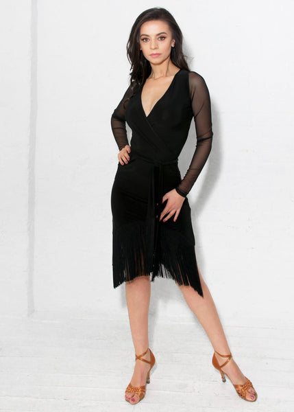 Miari New York ladies carmen fringe latin and cocktail dress with wrap dress style tie waist and 9" double layered fringe hemline from dancewear for you australia with free shipping