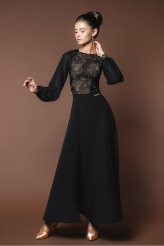 ladies black lace dance leotard with long chiffon sleeves for ballroom dance or evening wear from dancewear for you australia