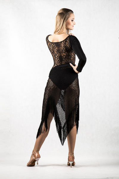 gorgeous black ladies leotard with long sleeves and stretch lace back made with liquid silk jersey and stretch lace from dancewear for you australia