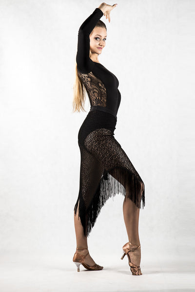 gorgeous black ladies leotard with long sleeves and stretch lace back made with liquid silk jersey and stretch lace from dancewear for you australia
