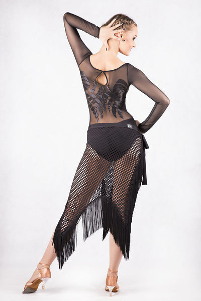 black ladies leotard with sheer mesh long sleeves and sheer mesh back from dancewear for you australia