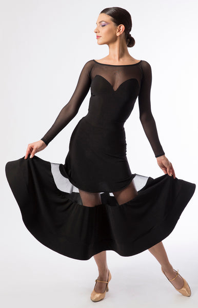 ballroom skirt with a 3/4 length, see-through insert and hidden crinoline at the hemline