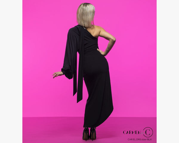 FREE AUSTRALIA-WIDE SHIPPING.  Best price worldwide with tracking.  A chic, elegant longline asymmetric dress that oozes a style and sophistication every woman dreams of expressing.  A shoulder necktie adds individualism and expression where it can be tied or left dependent on your mood.  A single bell-shaped sleeve with a gauntlet-style cuff creates a dramatic effect to your moves with a stunning drape.