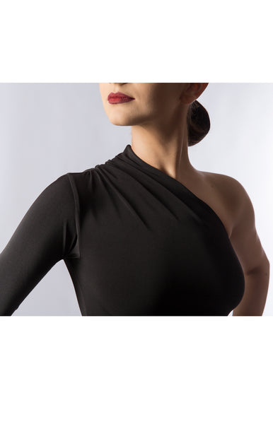 Elegant practice leotard, perfect for both ballroom and latin, one sleeved with rouched detail on the shoulder. Hook and eye closure at the crotch.  Made with luxury crepe.  from dancewear for you australia