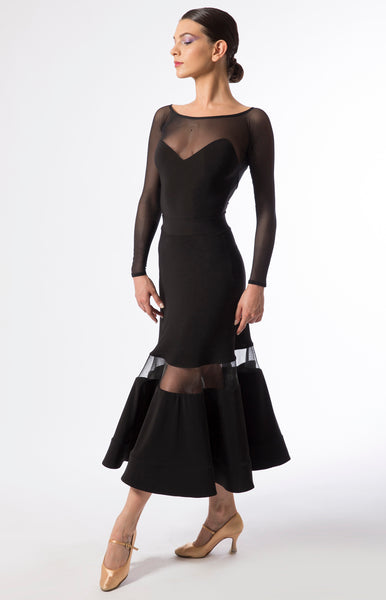 ballroom skirt with a 3/4 length, see-through insert and hidden crinoline at the hemline