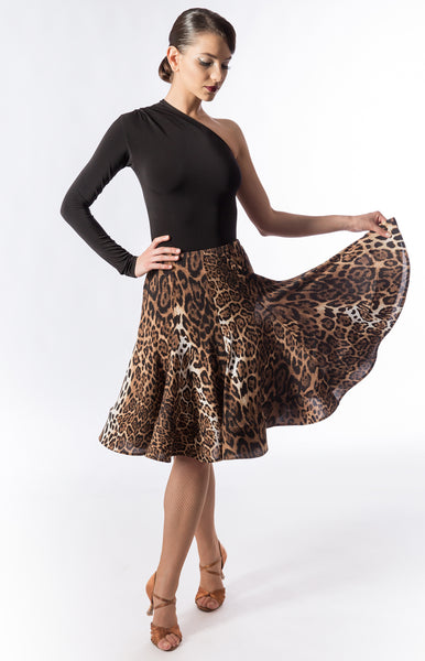 panelled latin skirt with hidden crinoline hem.   Available in 4 different types of fabric: black luxury crepe, matte lycra and leopard or zebra print.  Perfect for Latin practice, performance or dancesport from dancewear for you australia and sasuel