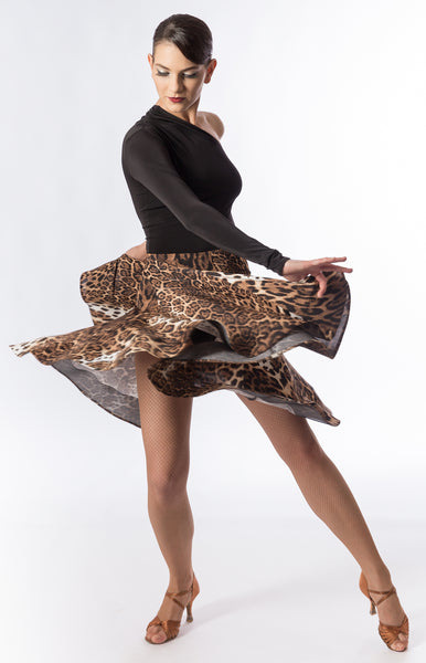 panelled latin skirt with hidden crinoline hem.   Available in 4 different types of fabric: black luxury crepe, matte lycra and leopard or zebra print.  Perfect for Latin practice, performance or dancesport from dancewear for you australia and sasuel